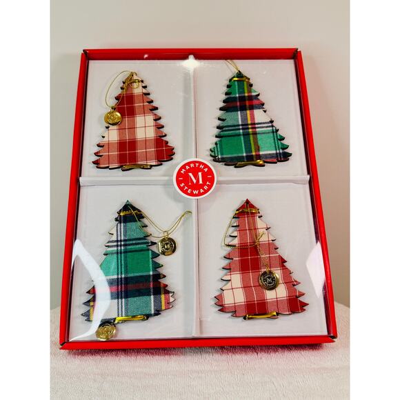 NWT Martha Stewart Holiday Tree Ornament 4 Piece Set Plaid Wooden Christmas Gift - Picture 5 of 7